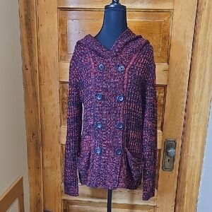 Women's Double-Breasted Cabincore Hooded Long Sleeve Sweater - Red and Black L